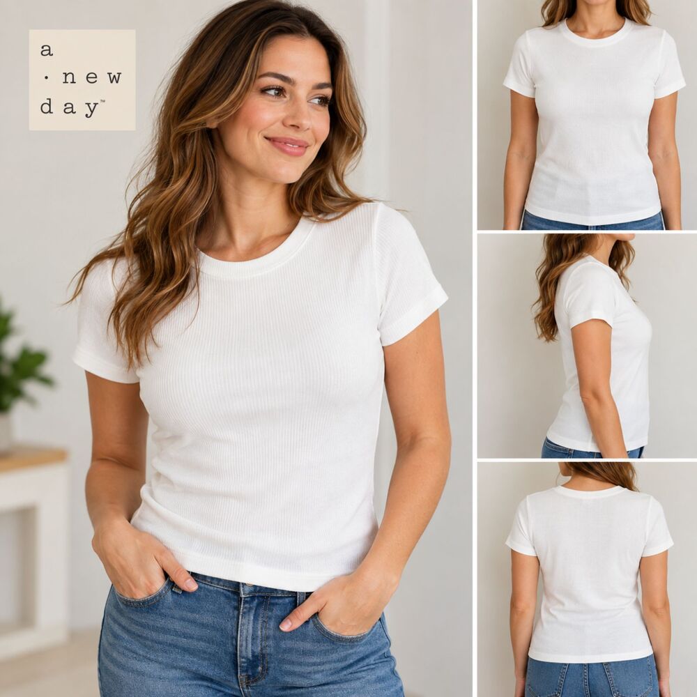 A New Day Women’s Size M White Ribbed Crew Neck Short Sleeve T-Shirt Soft #15